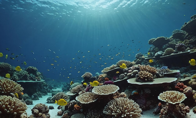 Beautiful underwater scenery with various types of fish and coral reefs