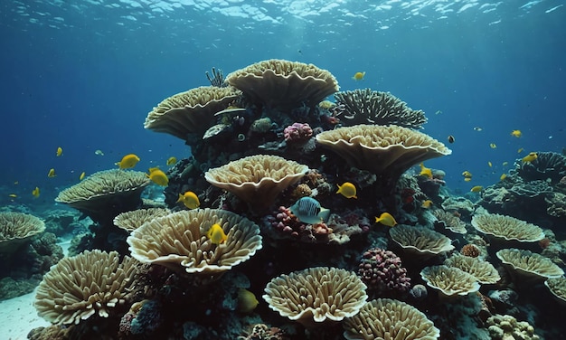 Beautiful underwater scenery with various types of fish and coral reefs