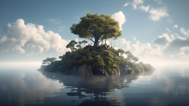 Beautiful underwater view of lone small island above and below the water surface