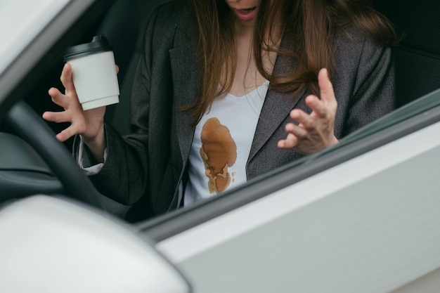 Beautiful unhappy business woman spilling coffee on shirt Girl with stains on her clothes