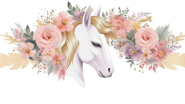 Beautiful unicorn card template with floral wreath Generative AI