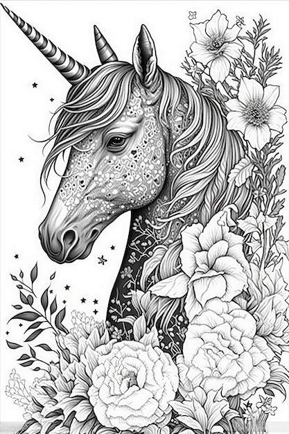 A beautiful unicorn face vintage flowers style generative AI