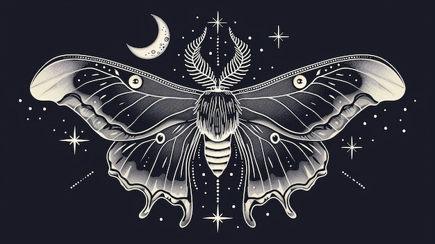 A beautiful and unique illustration of a moth is depicted with intricate details and a crescent moon