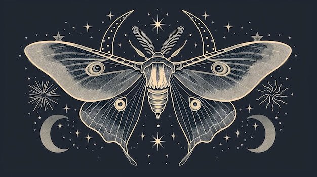 A beautiful and unique illustration of a moth The moth is surrounded by stars and moons