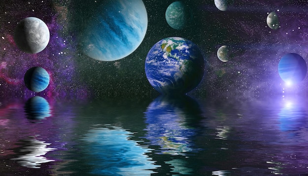 Beautiful unusual space planet in space reflected in water galaxy stars night sky Elements of this Image Furnished by NASA