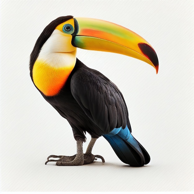 Beautiful unusual tropical bird toucan with a large beak isolated on white close-up.