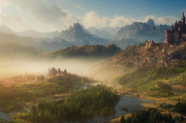 A beautiful valley old medieval fantasy town and castle concept art