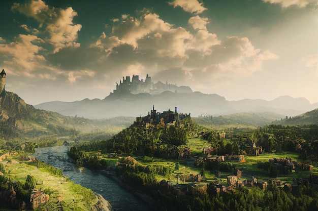 A Beautiful Valley Old Medival Fantasy Town and Castle Concept Art