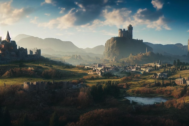 A Beautiful Valley Old Medival Fantasy Town and Castle Concept Art