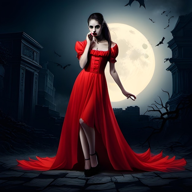 A beautiful vampire girl with a red frock and long hair in a horror night halloween wallpaper