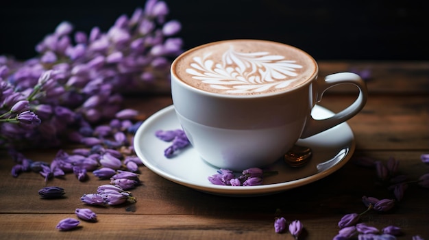 Beautiful vanilla lavender latte on a wooden table