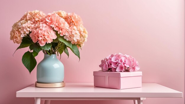 Beautiful vase with hydrangea flowers gift box on the table