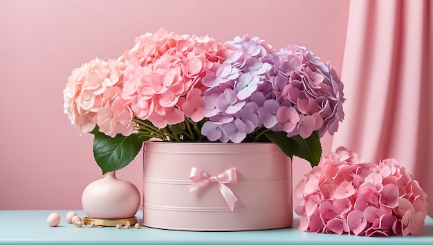 Beautiful vase with hydrangea flowers gift box on the table