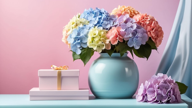 Beautiful vase with hydrangea flowers gift box on the table