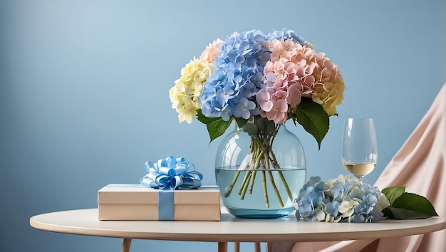 Beautiful vase with hydrangea flowers gift box on the table