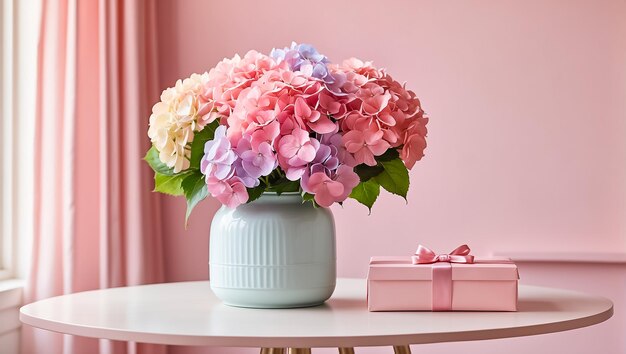 Beautiful vase with hydrangea flowers gift box on the table