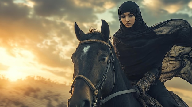 Beautiful veiled muslim war knight woman riding a horse background wallpaper AI generated image