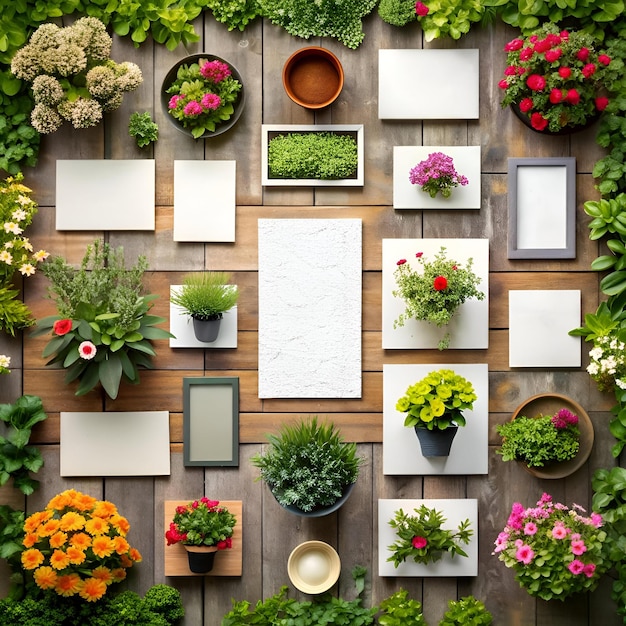 Photo a beautiful and versatile collage of wood panels fresh greenery flowers and minimalist white spaces for your text or images