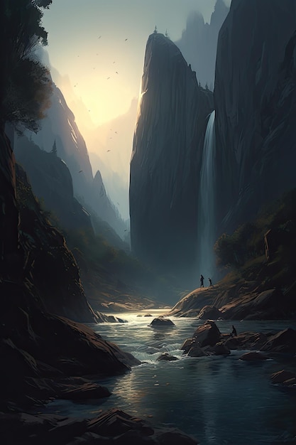 Beautiful vertical landscape with tall mountains waterfall and a river Generative AI