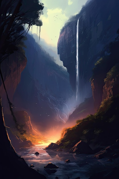 Beautiful vertical landscape with tall mountains waterfall and a river Generative AI