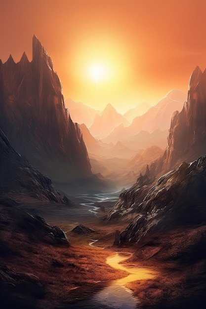 Beautiful vertical landscape with tall mountains waterfall and a river Generative AI