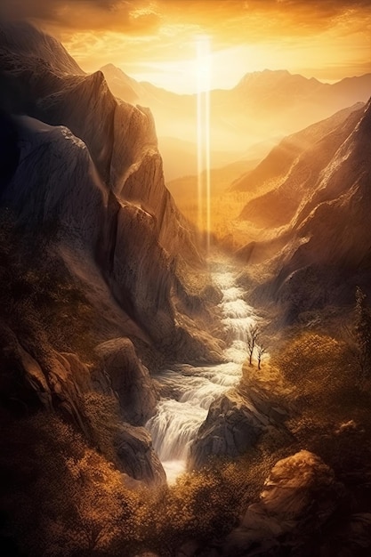 Beautiful vertical landscape with tall mountains waterfall and a river Generative AI