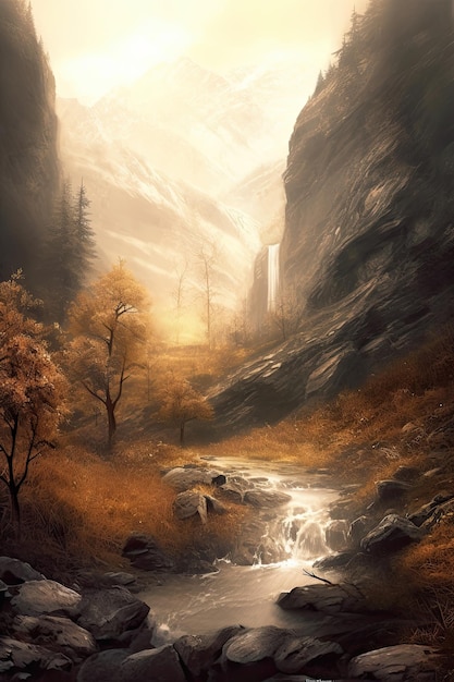 Beautiful vertical landscape with tall mountains waterfall and a river Generative AI