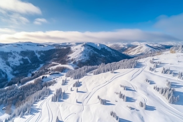 Beautiful vibrant aerial winter mountain view of ski resort sunny winter day with slope piste