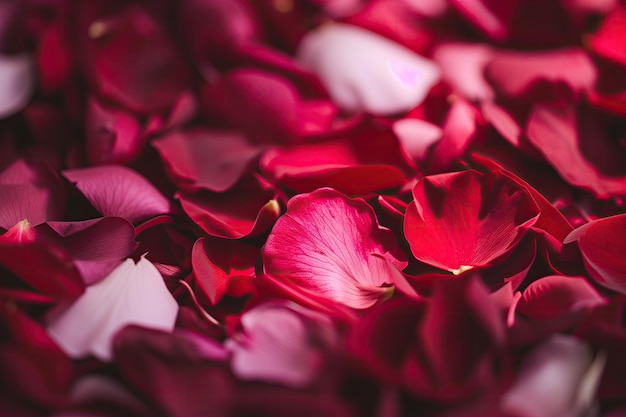 beautiful vibrant red rose petals clustered scattered together with soft lighting for valentines day