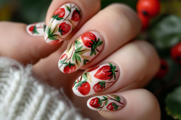 Beautiful and vibrant strawberrythemed nail art design with red berries green leaves and detailed artistic polish perfect for trendy and stylish manicure fashion