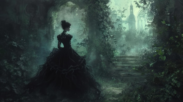 Beautiful Victorian Woman Model in black dress AI generated image