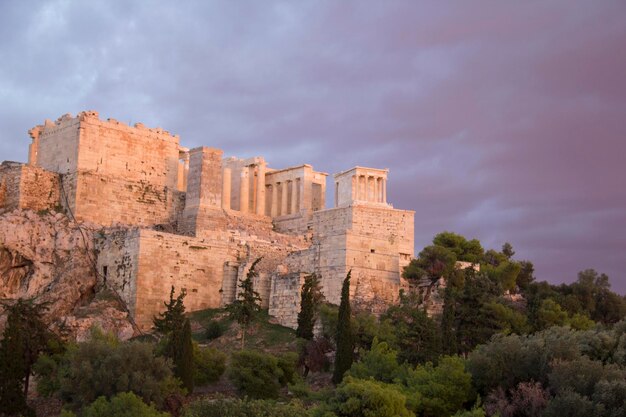 Beautiful view of the Acropolis and Erechtheion in Athens, Greece