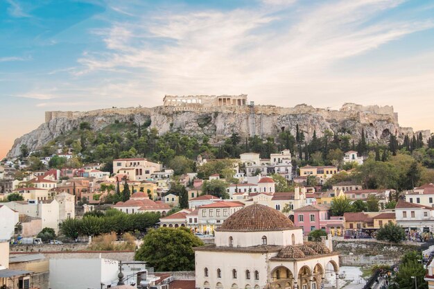 Beautiful view of the Acropolis and Monastiraki area in Athens, Greece