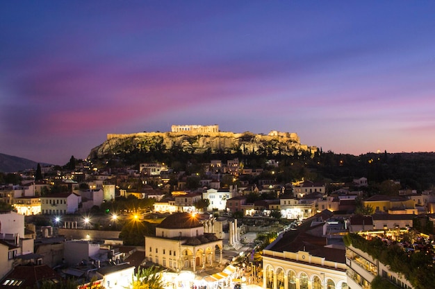 Beautiful view of the Acropolis and Monastiraki area in Athens, Greece