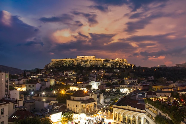 Beautiful view of the Acropolis and Monastiraki area in Athens, Greece