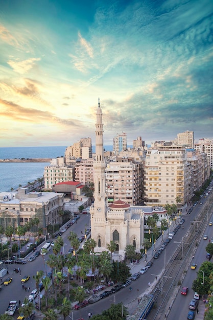 Beautiful view of Al Qaaed Ibrahim Basha Mosque in Alexandria, Egypt