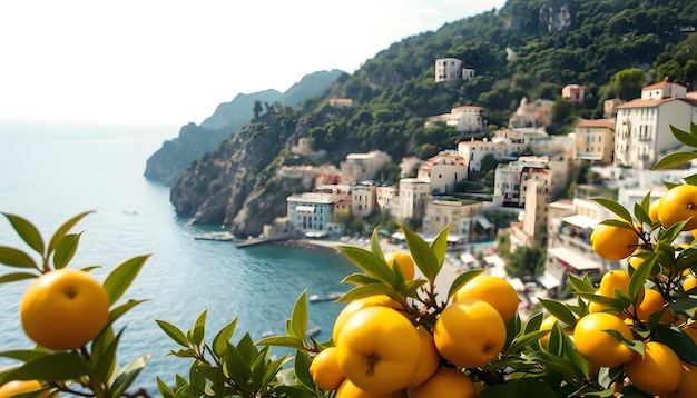 Photo beautiful view of amalfi on the mediterranean coast with lemons in the foreground italy isolated