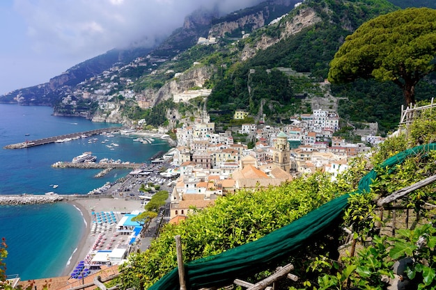 Beautiful view of Amalfi town and port from path on Amalfi Coast Italy