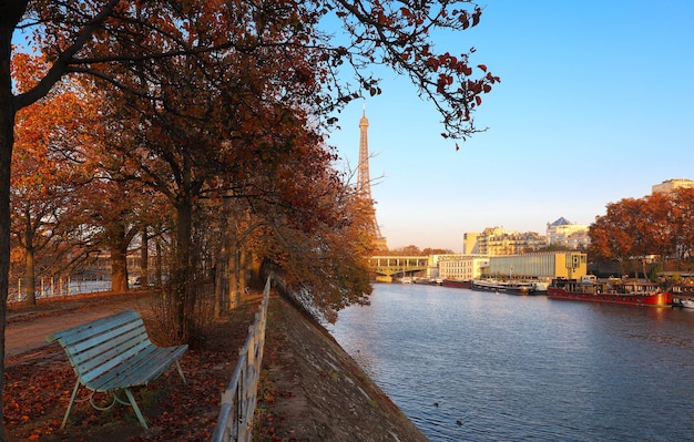 Beautiful view of autumn trees with the Eiffel tower in the background in Paris