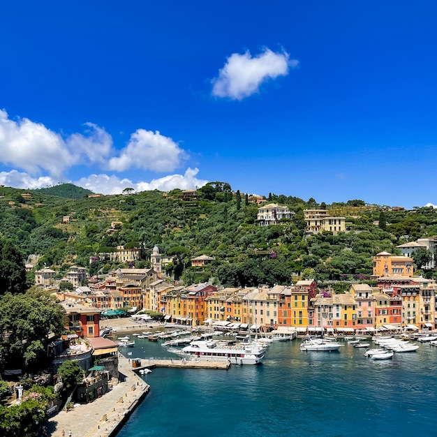 Beautiful view of the bay in Portofino, Italy, sunny day, yahts