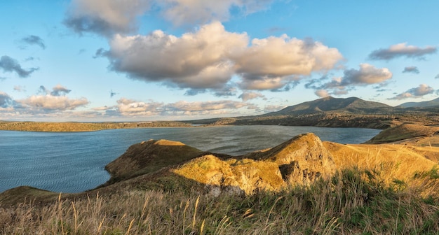 Beautiful view of the Bay of the Sea of Okhotsk on the island of Iturup Kuril Islands