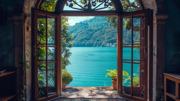 Photo beautiful view of a blue lake captured from the inside of a villa