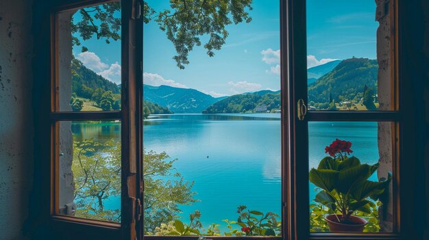 Photo beautiful view of a blue lake captured from the inside of a villa