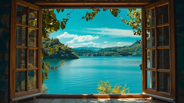 Photo beautiful view of a blue lake captured from the inside of a villa