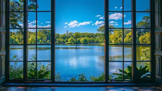 Photo beautiful view of a blue lake captured from the inside of a villa