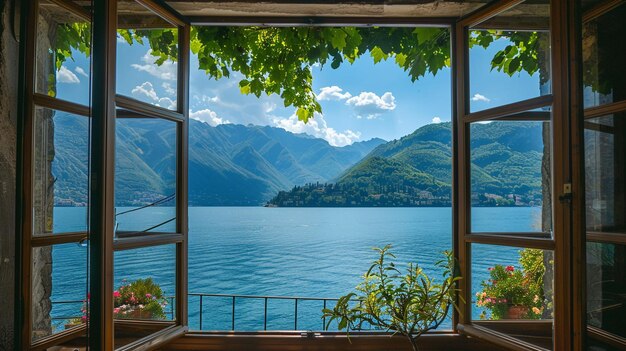 Photo beautiful view of a blue lake captured from the inside of a villa