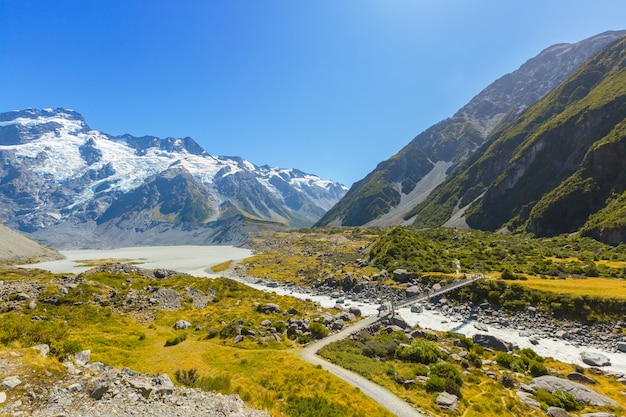 Beautiful view of Bridge over Hooker River in Aoraki national park at south island New Zea