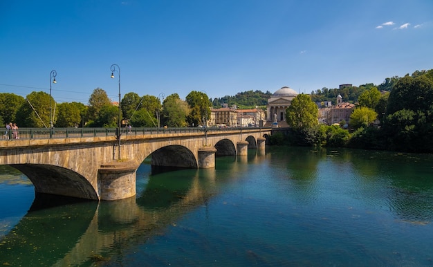 Beautiful view of the bridge over the river Po in the city of Turin Italy