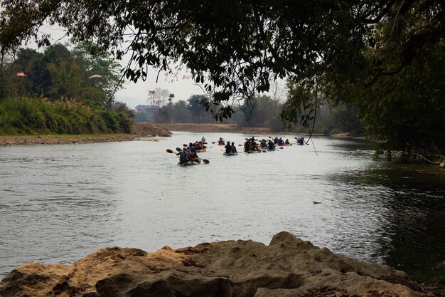 A beautiful view of canoeing sport in Vang Vieng Laos