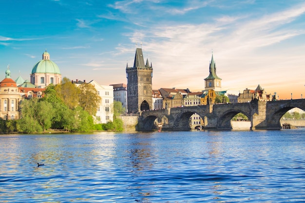 Beautiful view of Charles Bridge, Old Town and Old Town Tower of Charles Bridge, Czech Republic